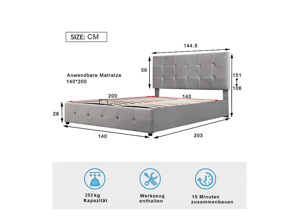 Lit adulte lit 140x200 cm lit rembourré hydraulique lit de rangement lit double velours gris