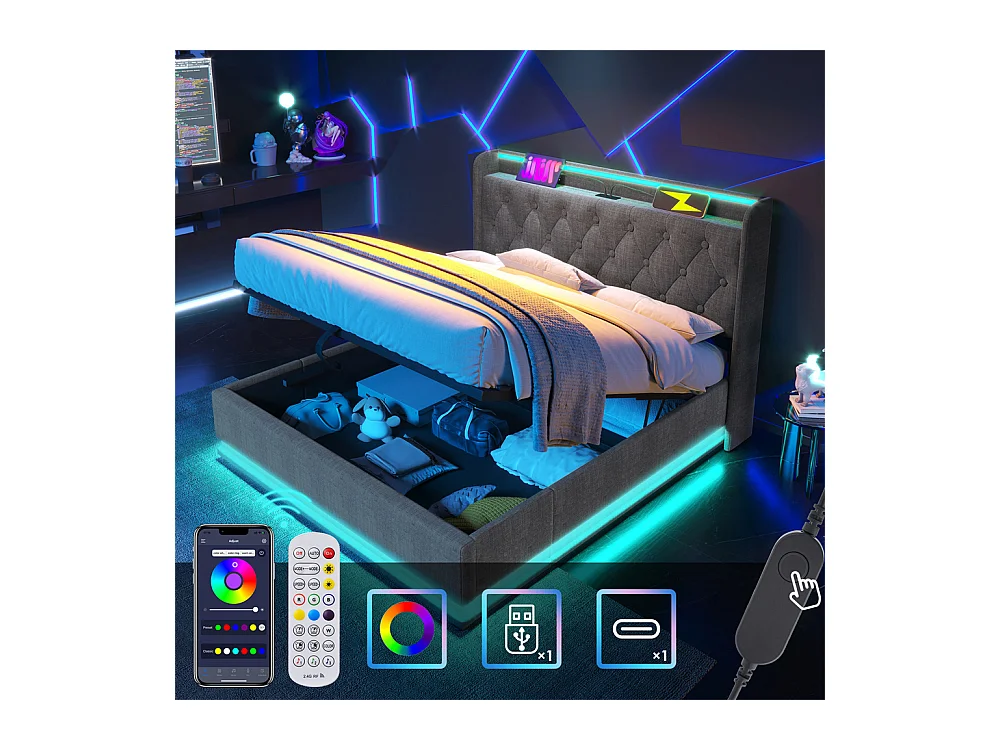 Hydraulisch gestoffeerd bed 140x200 cm met hoofdsteun en USB type-C oplaadfunctie tweepersoonsbed grijs linnen