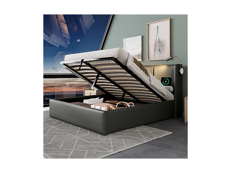 Lit rembourré 140x200 cm lit de rangement lit lampe de lecture lit tête de lit avec fonction de chargement usb lit double pu gris