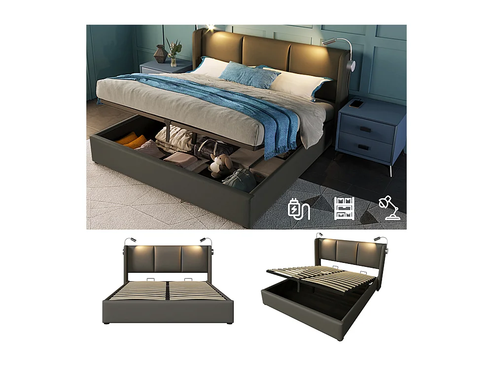Lit rembourré 140x200 cm lit de rangement lit lampe de lecture lit tête de lit avec fonction de chargement usb lit double pu gris