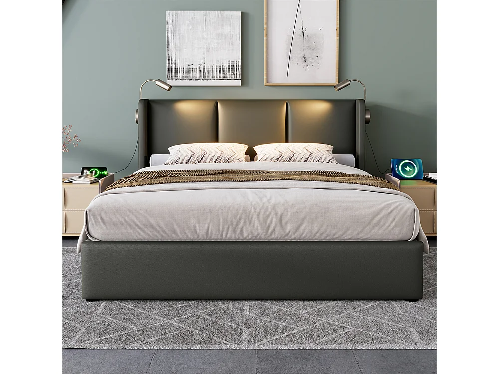 Lit rembourré 140x200 cm lit de rangement lit lampe de lecture lit tête de lit avec fonction de chargement usb lit double pu gris