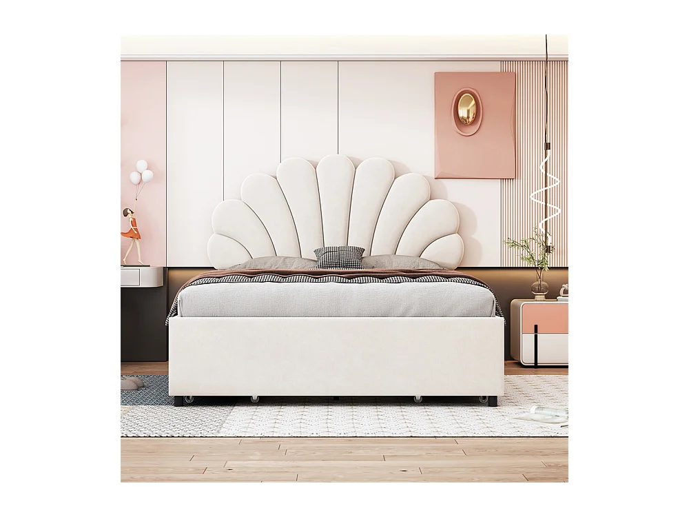 Lit adulte lit 140x200 cm lit rembourré lit cadre à lamelles lit 4 compartiments de rangement lit double velours beige