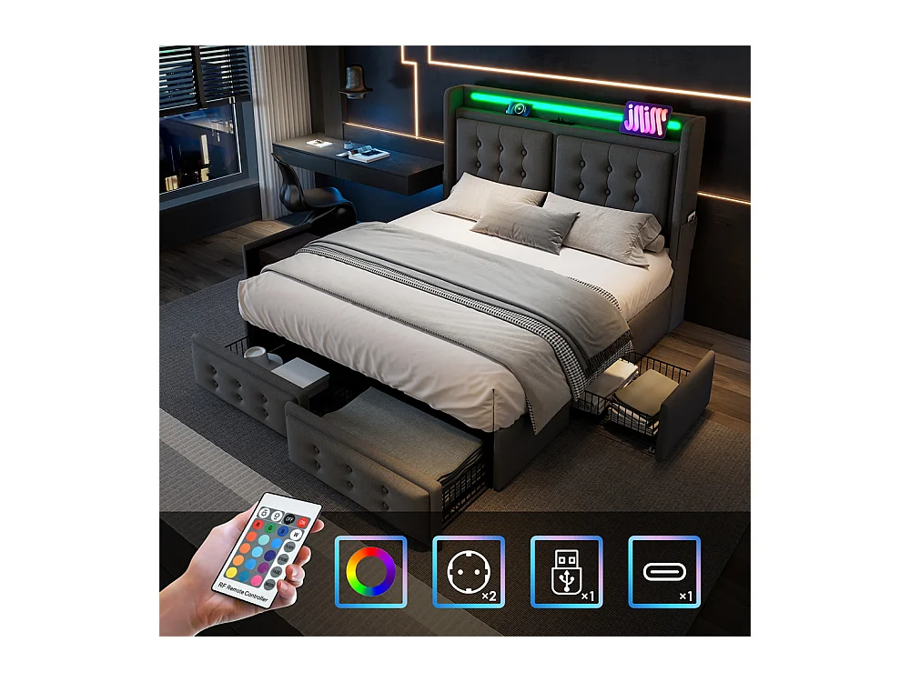 Lit adulte lit 180x200 cm lit rembourré lit 4 tiroirs lit de rangement avec sommier à lattes en bois lit double coton lin gris