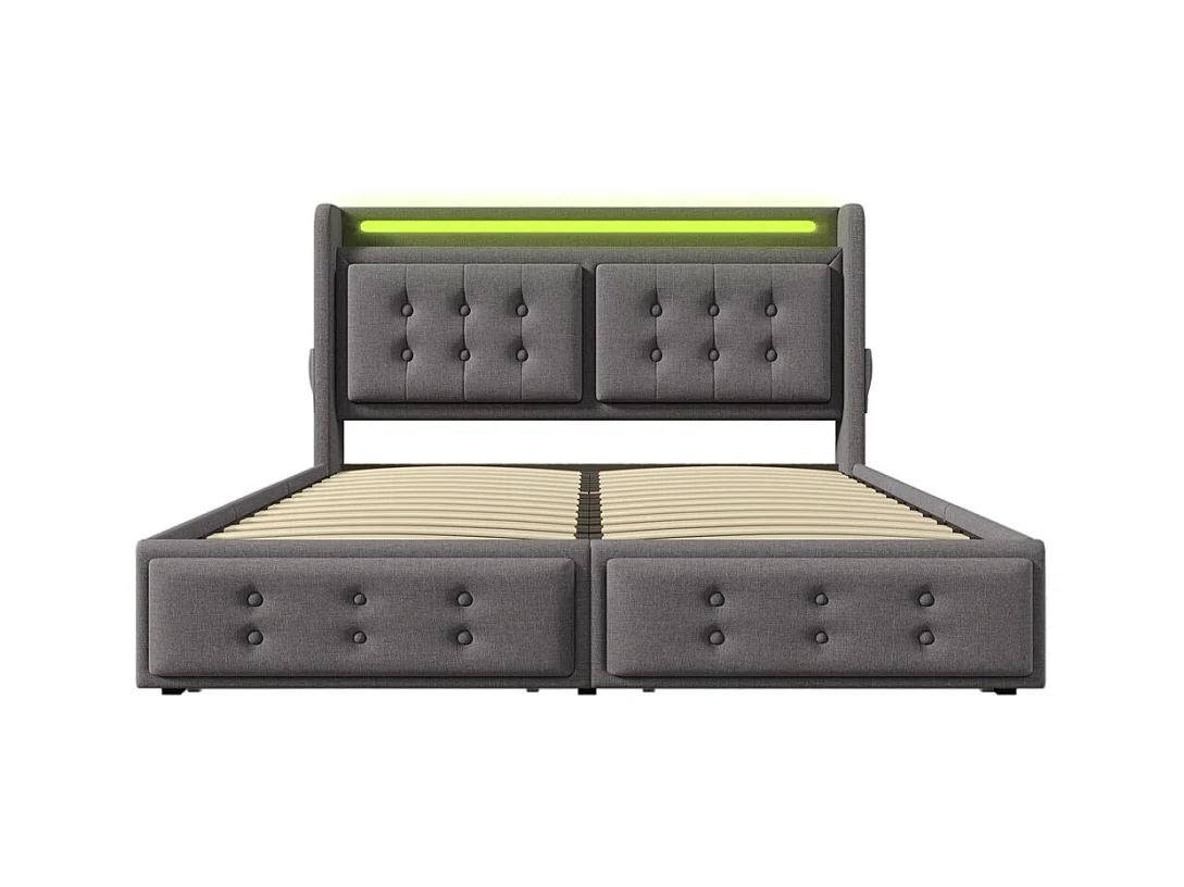 Lit adulte lit 180x200 cm lit rembourré lit 4 tiroirs lit de rangement avec sommier à lattes en bois lit double coton lin gris