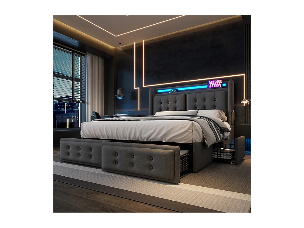 Lit adulte lit 180x200 cm lit rembourré lit 4 tiroirs lit de rangement avec sommier à lattes en bois lit double coton lin gris