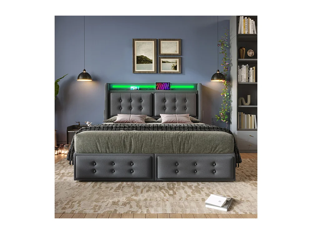 Lit adulte lit 180x200 cm lit rembourré lit 4 tiroirs lit de rangement avec sommier à lattes en bois lit double coton lin gris