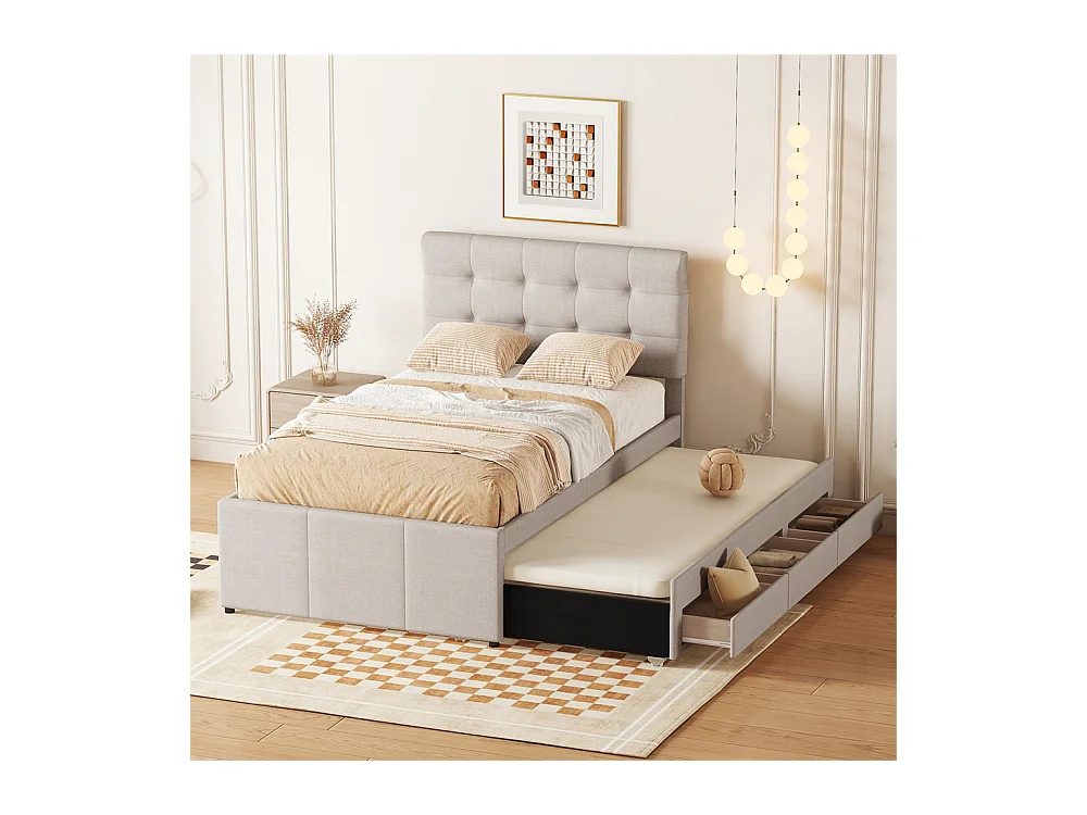 Volwassen bed 90x200 cm gestoffeerd bed met drie lades Eenpersoonsbed beige linnen