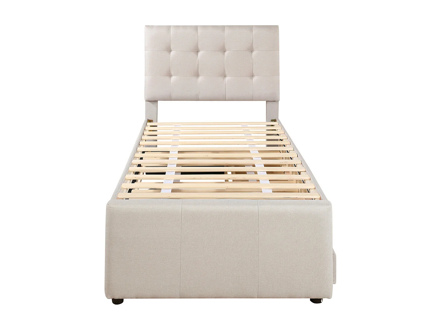 Volwassen bed 90x200 cm gestoffeerd bed met drie lades Eenpersoonsbed beige linnen