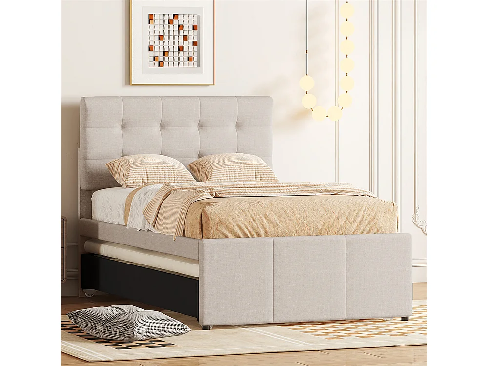 Volwassen bed 90x200 cm gestoffeerd bed met drie lades Eenpersoonsbed beige linnen