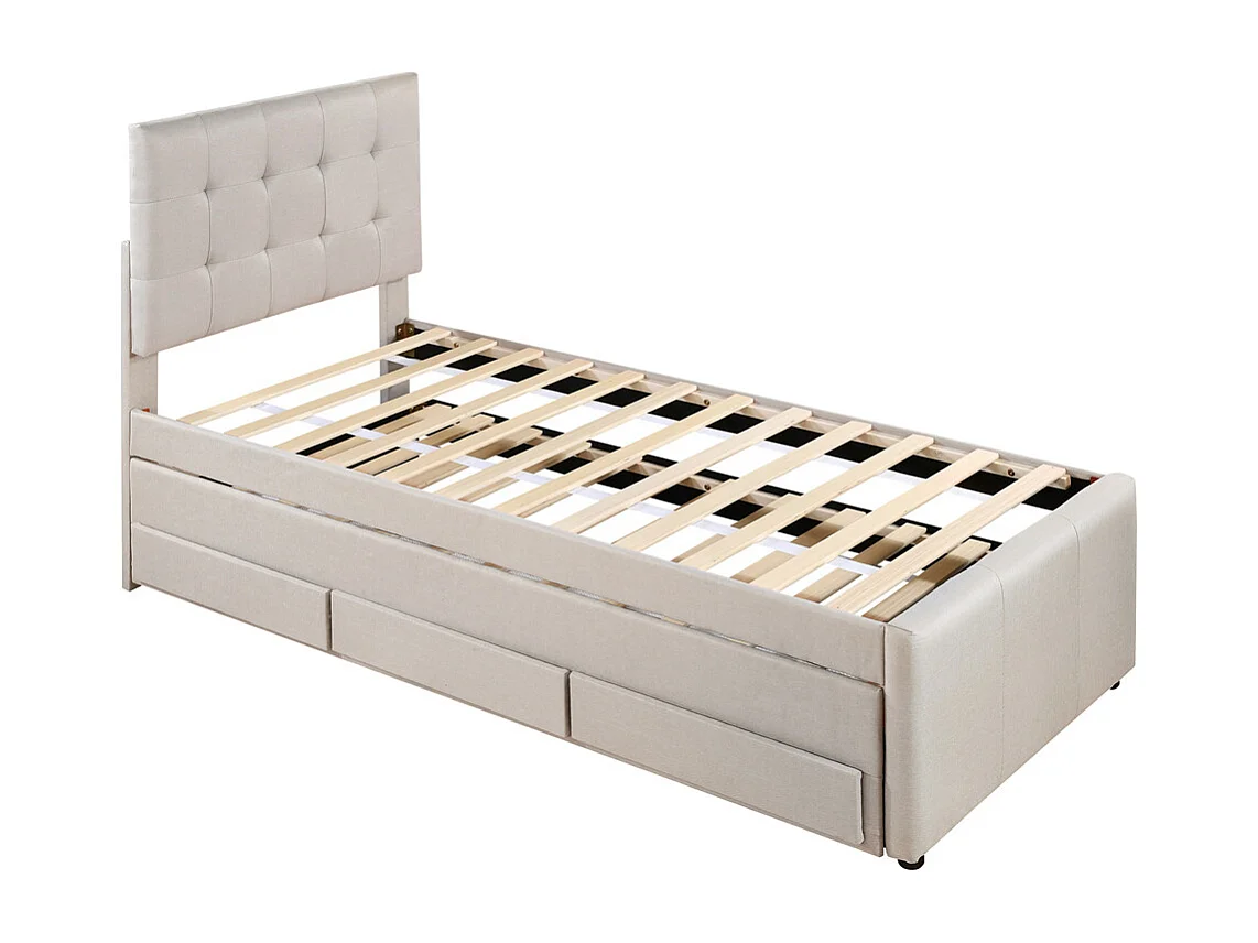 Volwassen bed 90x200 cm gestoffeerd bed met drie lades Eenpersoonsbed beige linnen