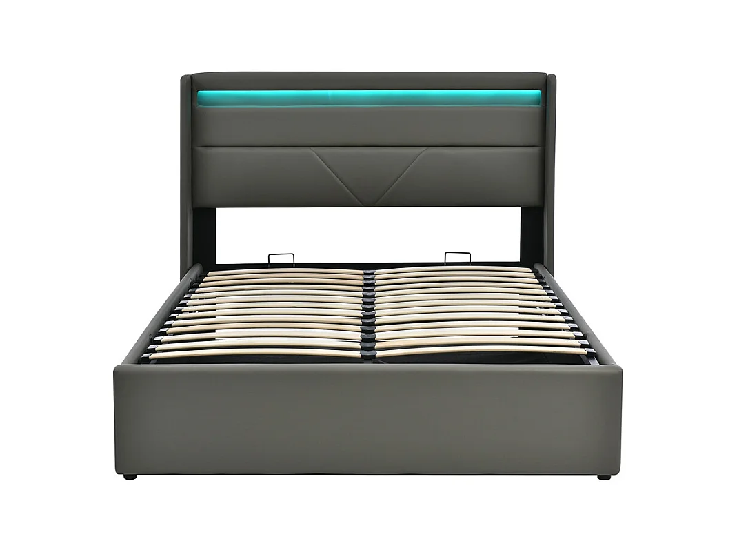 Volwassen bed 160x200 cm hydraulisch gestoffeerd bed opbergbed led verlichtingsbalk tweepersoonsbed pu grijs