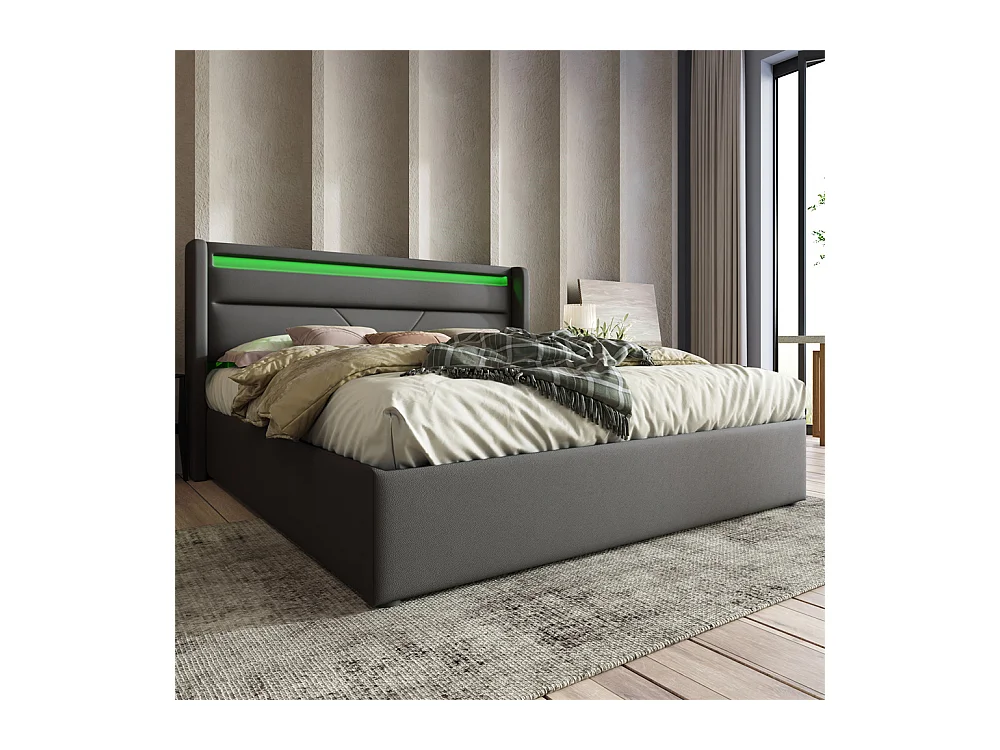Volwassen bed 160x200 cm hydraulisch gestoffeerd bed opbergbed led verlichtingsbalk tweepersoonsbed pu grijs