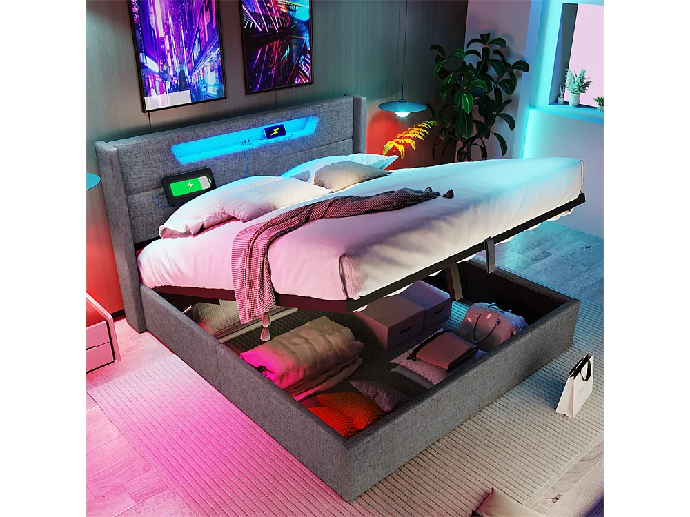 Gestoffeerd bed 160x200 cm bed 4 laden bed usb type-c oplaadfunctie bed gouden decoratieve strepen tweepersoonsbed beige linnen