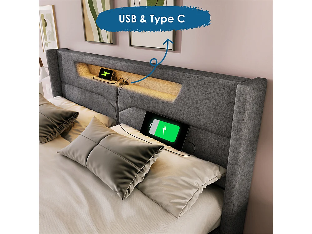 Gestoffeerd bed 160x200 cm bed 4 laden bed usb type-c oplaadfunctie bed gouden decoratieve strepen tweepersoonsbed beige linnen