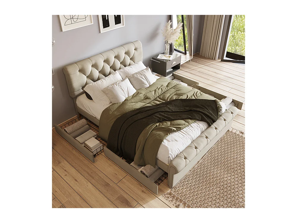 Volwassen bed 140x200 cm gestoffeerd bed 4 laden tweepersoonsbed linnen Neutraal