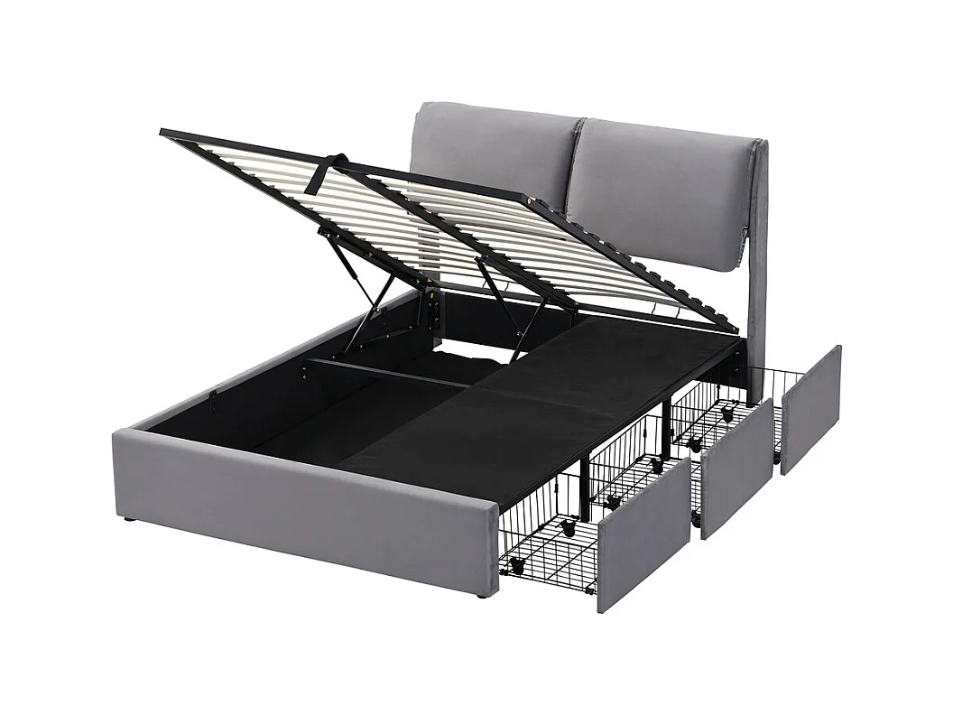 Lit rembourré hydraulique lit coffre 140x200 cm lit de rangement lit trois tiroirs lit cadre et tête de lit à lattes velours gris