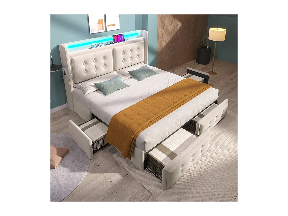 Lit adulte lit 140x200 cm lit rembourré lit 4 tiroirs lit de rangement avec sommier à lattes en bois lit double coton lin beige