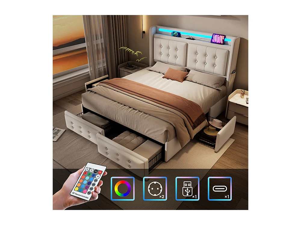 Lit adulte lit 140x200 cm lit rembourré lit 4 tiroirs lit de rangement avec sommier à lattes en bois lit double coton lin beige