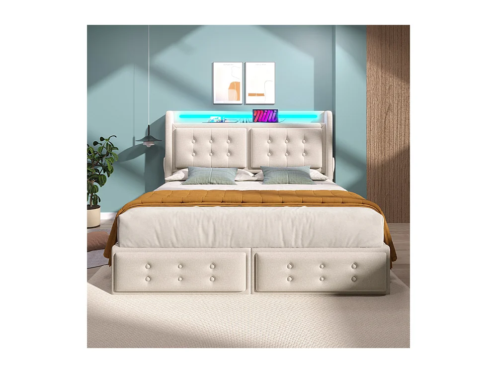 Lit adulte lit 140x200 cm lit rembourré lit 4 tiroirs lit de rangement avec sommier à lattes en bois lit double coton lin beige