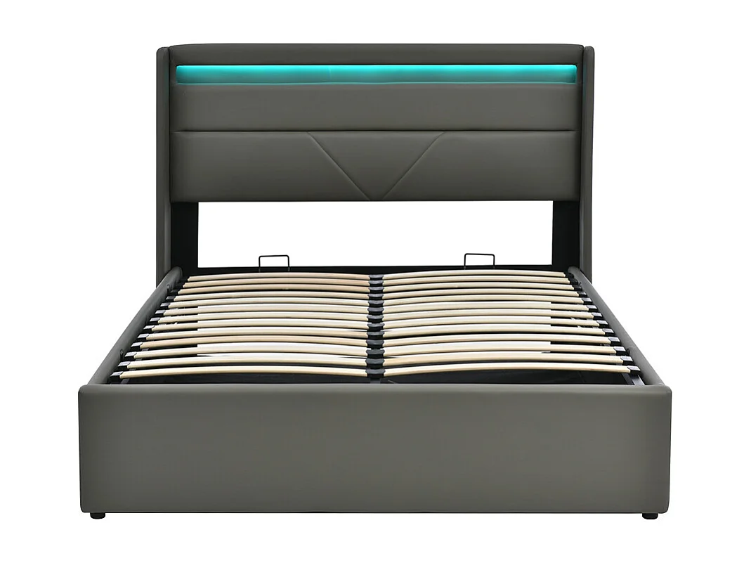 Lit adulte lit 140x200 cm lit rembourré hydraulique lit de rangement lit barre d'éclairage led lit double pu gris