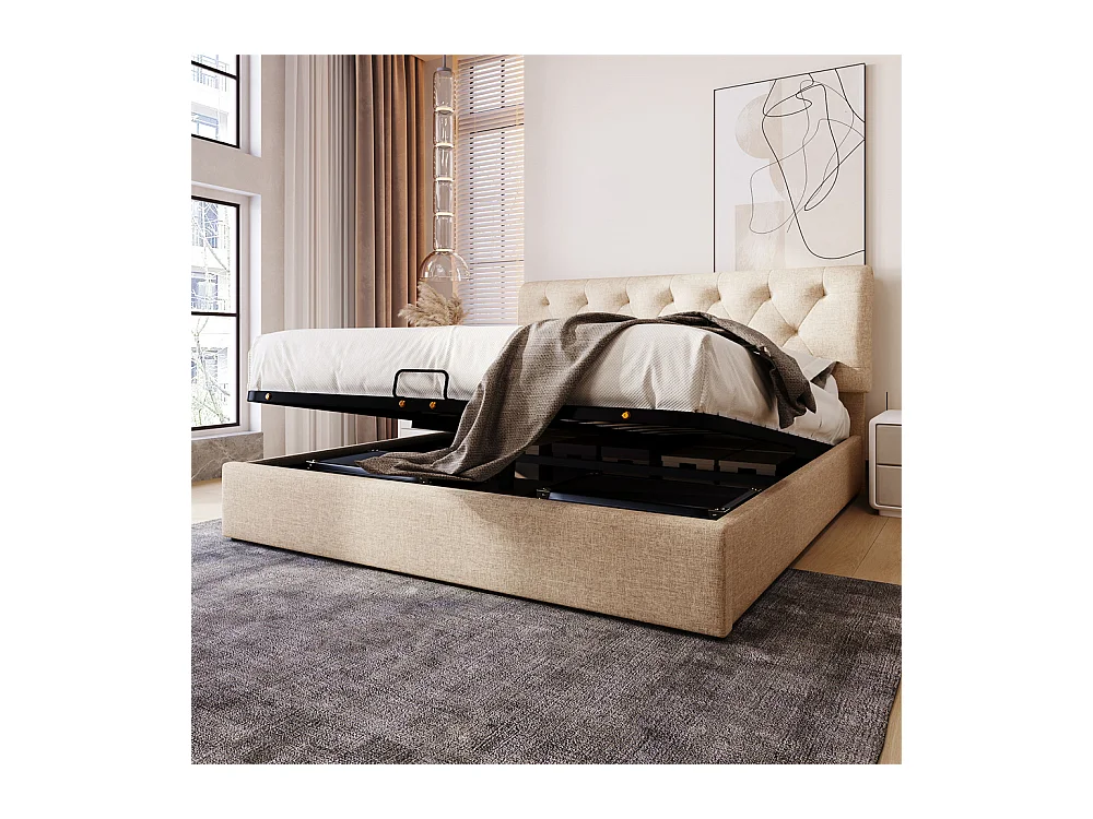 Lit adulte lit coffre lit 140x200 cm lit de rangement lit rembourré hydraulique lit en métal lit double lin gris clair