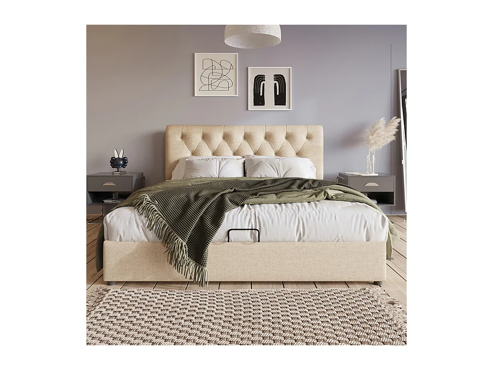 Lit adulte lit coffre lit 140x200 cm lit de rangement lit rembourré hydraulique lit en métal lit double lin gris clair