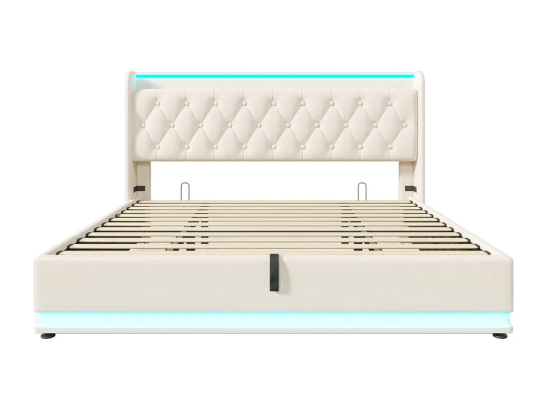 Lit rembourré hydraulique 180x200 cm lit appui-tête rembourré avec fonction de recharge usb type-c lit double pu blanc