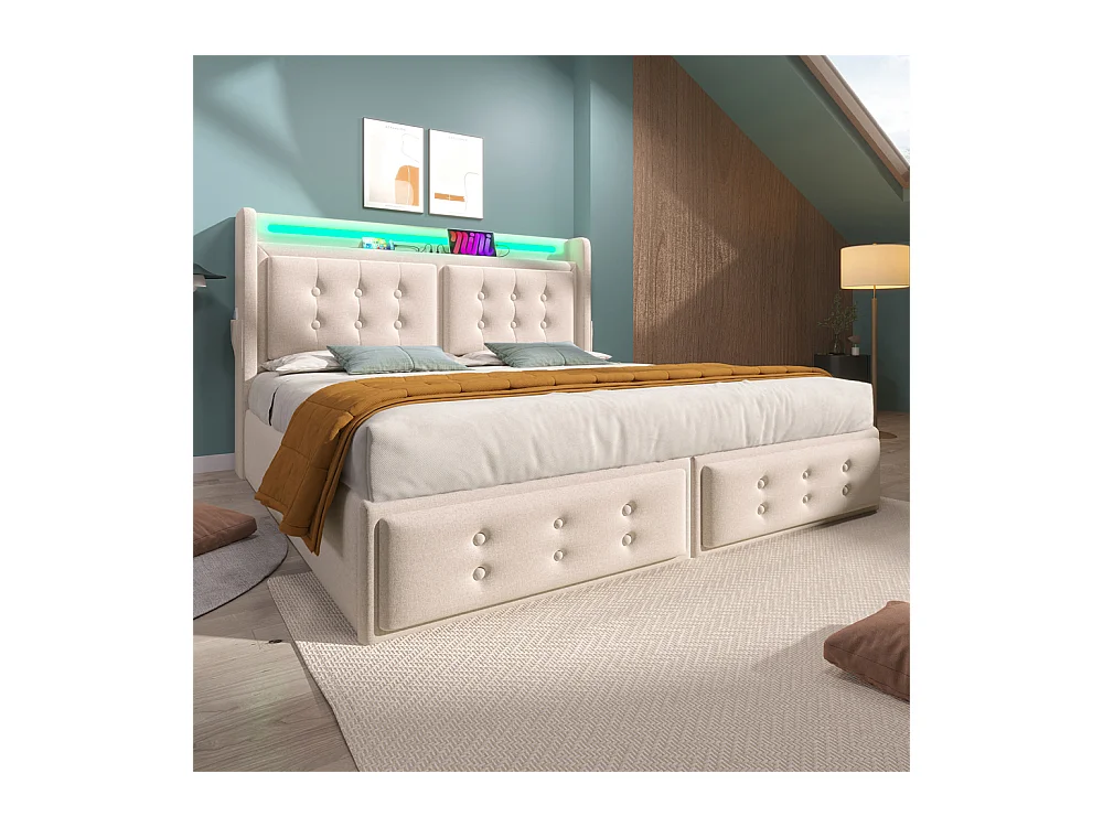 Volwassen bed 160x200 cm hydraulisch gestoffeerd bed met houten onderstel tweepersoonsbed katoen linnen beige