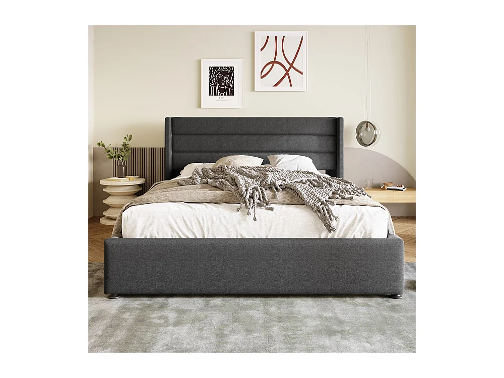 Hydraulisch gestoffeerd bed met opbergruimte 140x200 cm opbergbed houten lattenbodem metalen bed tweepersoonsbed grijs linnen