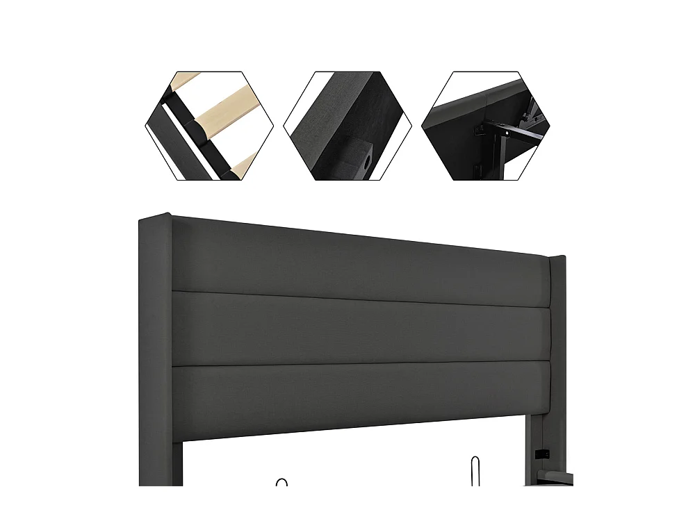 Hydraulisch gestoffeerd bed met opbergruimte 140x200 cm opbergbed houten lattenbodem metalen bed tweepersoonsbed grijs linnen