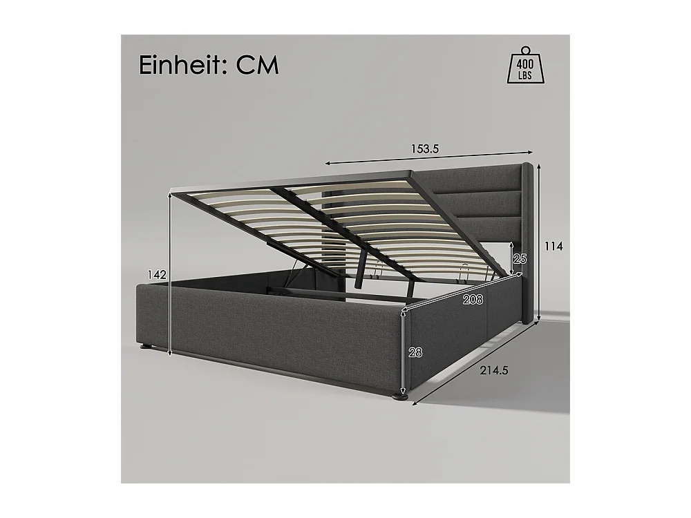 Hydraulisch gestoffeerd bed met opbergruimte 140x200 cm opbergbed houten lattenbodem metalen bed tweepersoonsbed grijs linnen