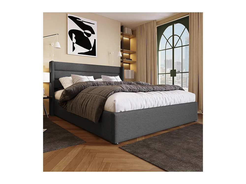 Hydraulisch gestoffeerd bed met opbergruimte 140x200 cm opbergbed houten lattenbodem metalen bed tweepersoonsbed grijs linnen