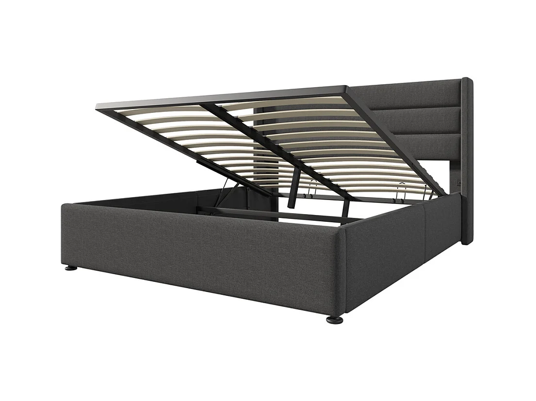 Hydraulisch gestoffeerd bed met opbergruimte 140x200 cm opbergbed houten lattenbodem metalen bed tweepersoonsbed grijs linnen