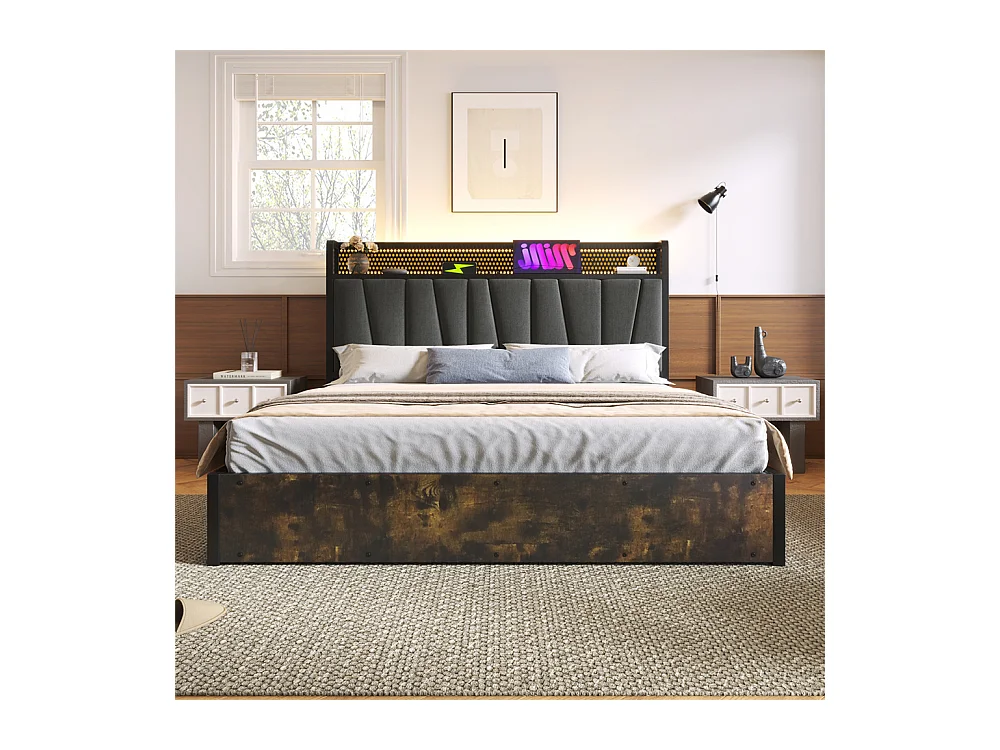 Volwassen bed 180x200 cm bed houten lattenbodem led verlichting metalen bed tweepersoonsbed grijs linnen