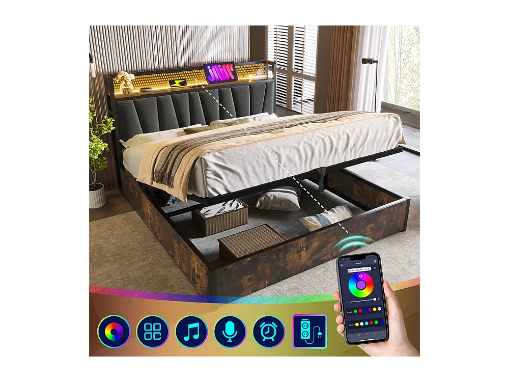 Volwassen bed 180x200 cm bed houten lattenbodem led verlichting metalen bed tweepersoonsbed grijs linnen