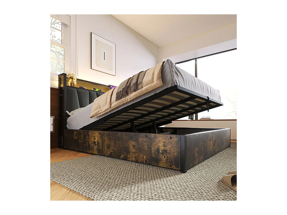 Volwassen bed 180x200 cm bed houten lattenbodem led verlichting metalen bed tweepersoonsbed grijs linnen