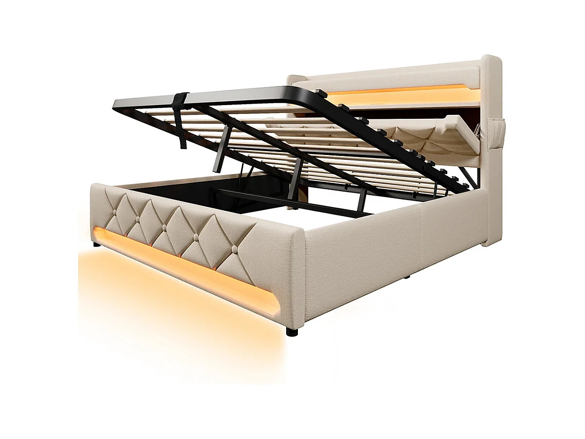 Volwassen bed 180x200 cm bed houten lattenbodem led verlichting metalen bed tweepersoonsbed grijs linnen