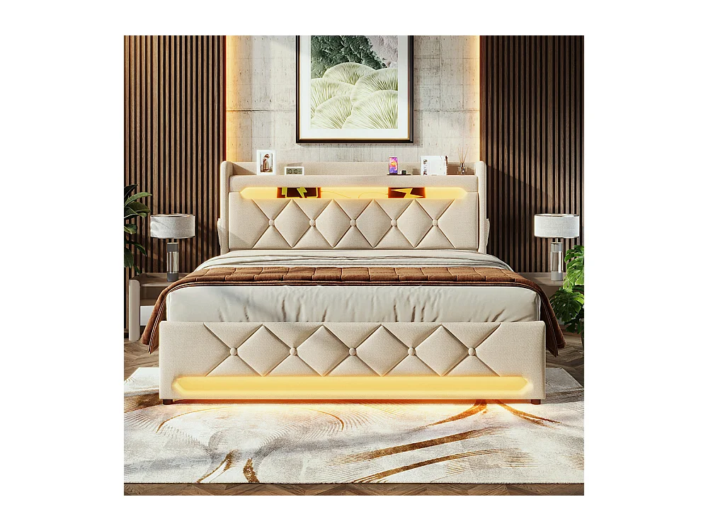 Volwassen bed 180x200 cm bed houten lattenbodem led verlichting metalen bed tweepersoonsbed grijs linnen