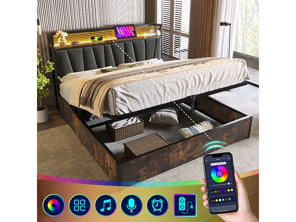 Volwassen bed 180x200 cm bed houten lattenbodem led verlichting metalen bed tweepersoonsbed grijs linnen