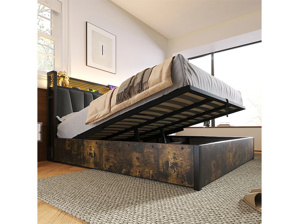 Volwassen bed 180x200 cm bed houten lattenbodem led verlichting metalen bed tweepersoonsbed grijs linnen
