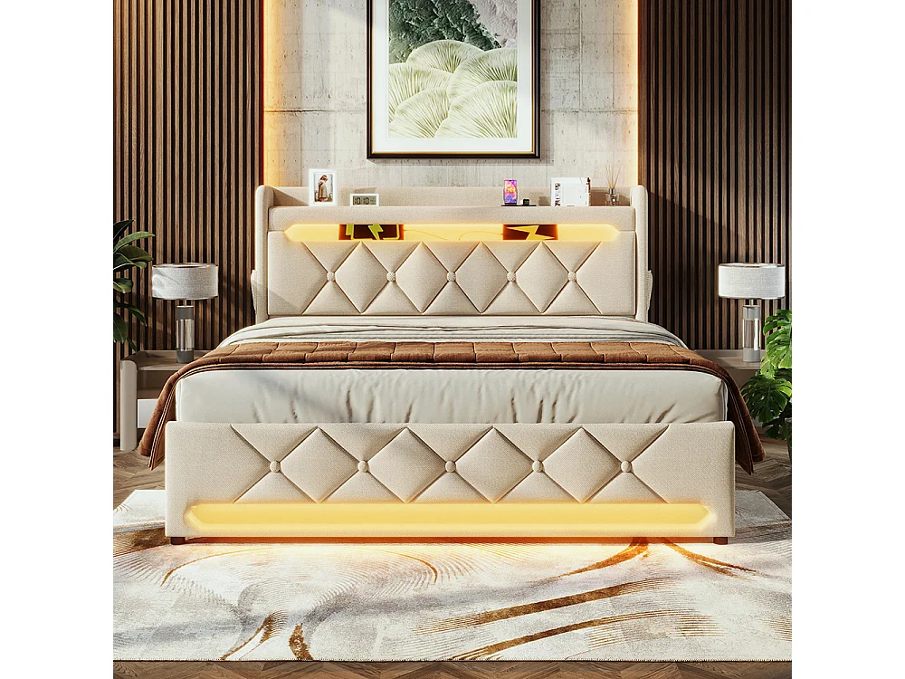 Volwassen bed 180x200 cm bed houten lattenbodem led verlichting metalen bed tweepersoonsbed grijs linnen