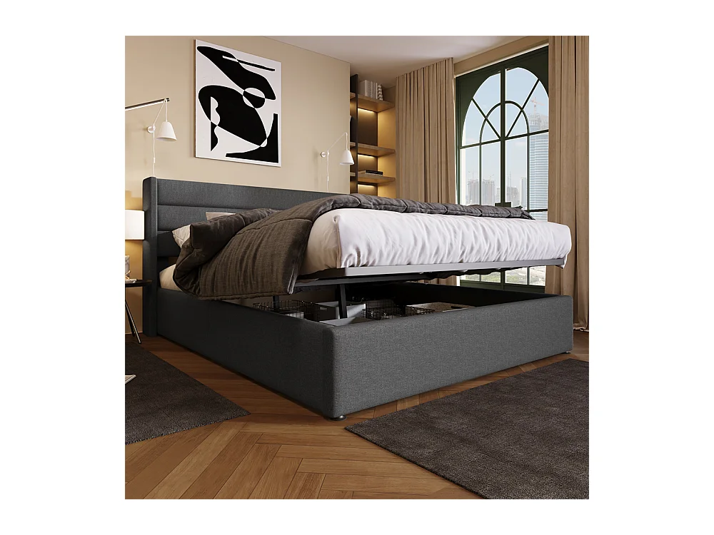 Hydraulisch gestoffeerd bed 160x200 cm opbergbed houten lattenbodem metalen bed tweepersoonsbed grijs linnen