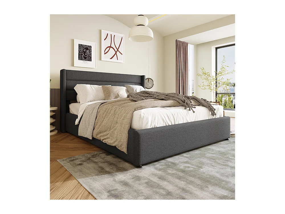 Hydraulisch gestoffeerd bed 160x200 cm opbergbed houten lattenbodem metalen bed tweepersoonsbed grijs linnen