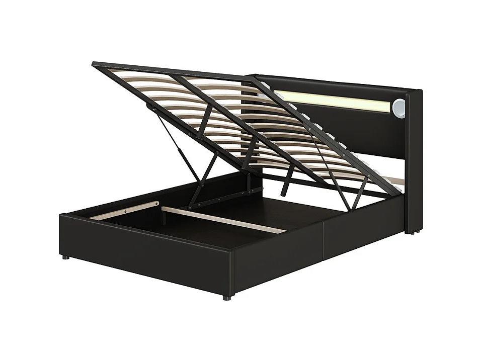 Gestoffeerd bed 140x200cm lattenbodem bed LED-lichtbalk bed Bluetooth-speler en USB-oplaadbaar tweepersoonsbed zwart PU-leer