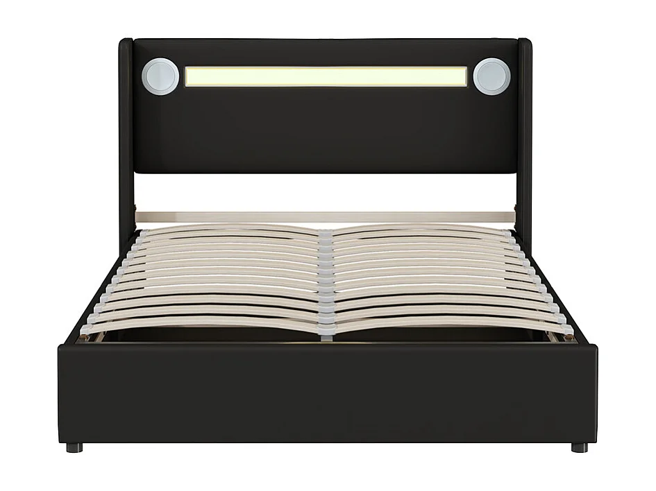 Gestoffeerd bed 140x200cm lattenbodem bed LED-lichtbalk bed Bluetooth-speler en USB-oplaadbaar tweepersoonsbed zwart PU-leer