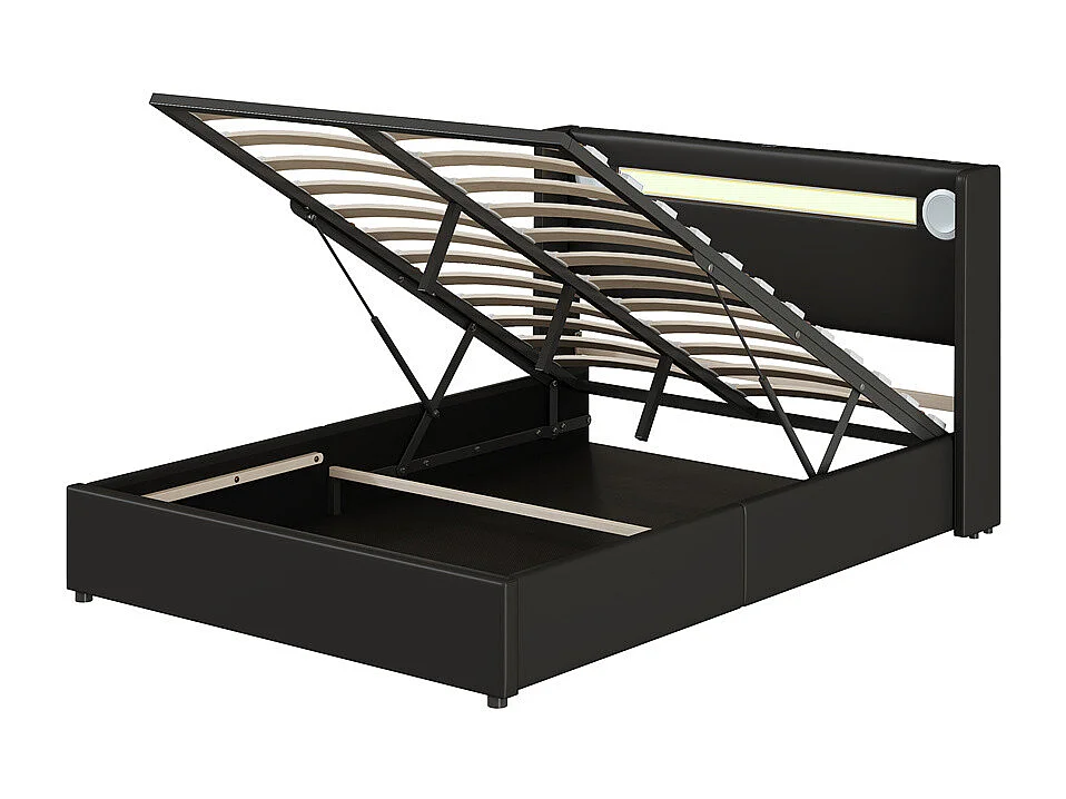 Gestoffeerd bed 140x200cm lattenbodem bed LED-lichtbalk bed Bluetooth-speler en USB-oplaadbaar tweepersoonsbed zwart PU-leer