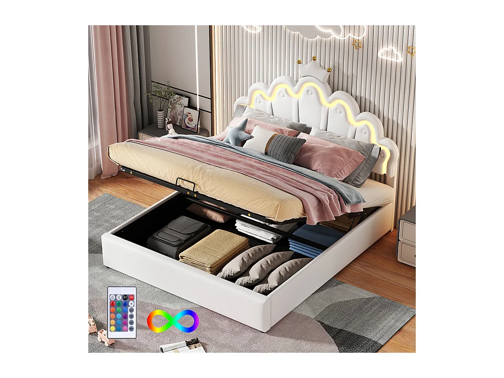 Lit rembourré 140x200cm lit de princesse éclairage d'ambiance réglable lit double pu blanc