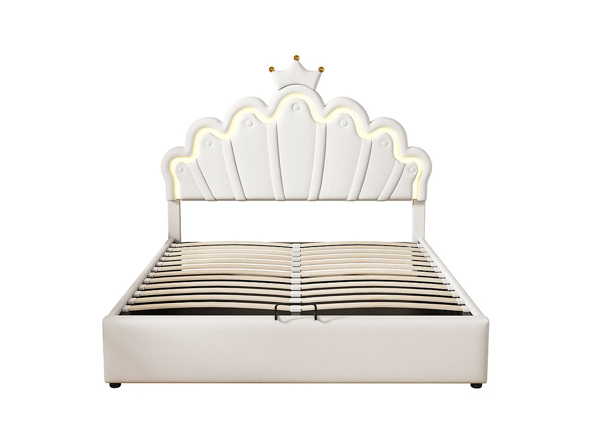 Lit rembourré 140x200cm lit de princesse éclairage d'ambiance réglable lit double pu blanc