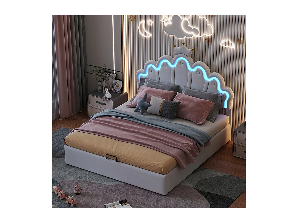 Lit rembourré 140x200cm lit de princesse éclairage d'ambiance réglable lit double pu blanc