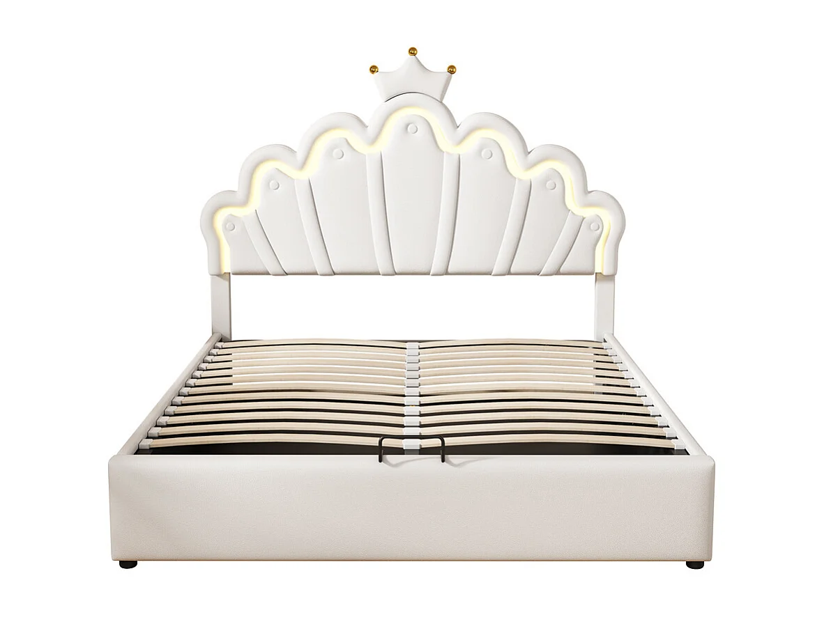 Lit rembourré 140x200cm lit de princesse éclairage d'ambiance réglable lit double pu blanc